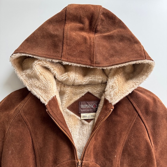 Vintage Sheplers Western Suede Leather Shearling Lined Hooded Jacket Sz 14 / M - Picture 3 of 10